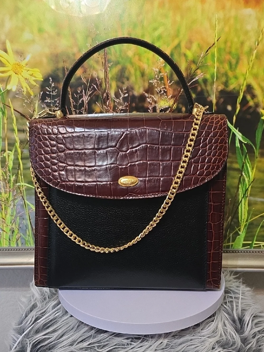 Bally Vintage Leather Satchel Croc Embossed Top Handle Bag Black Brown